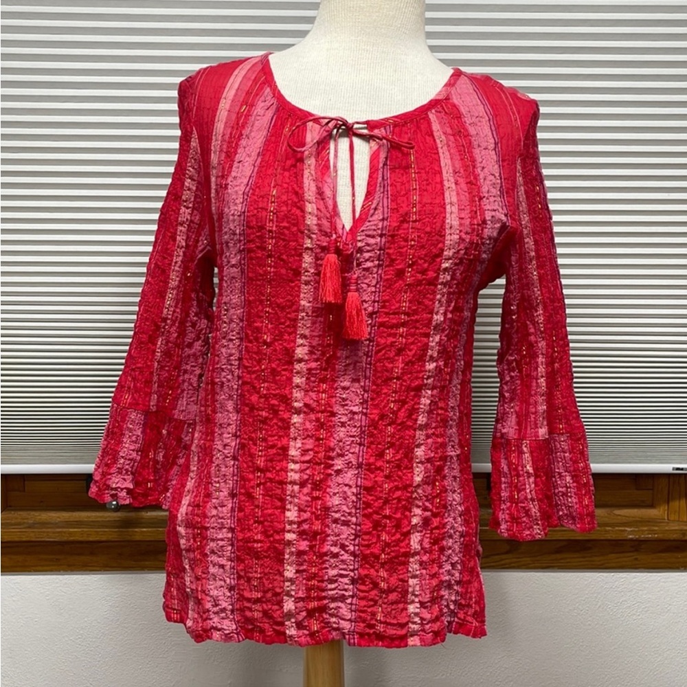 Tommy Bahama M women’s Paramour Red Pink Metallic Gold Striped Tassel Tie Top